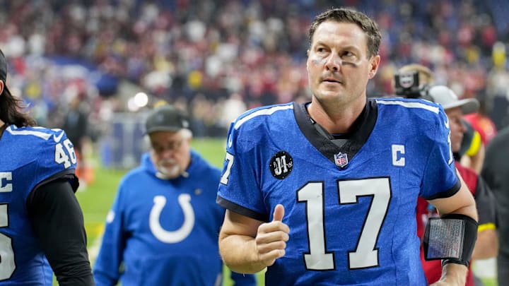 Indianapolis Colts quarterback Philip Rivers (17) leaves the field Monday, Dec. 22, 2025, after losing a game against the San Francisco 49ers at Lucas Oil Stadium in Indianapolis.
