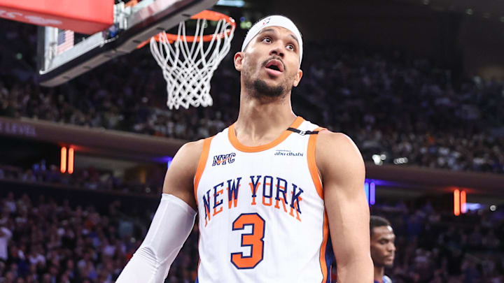 Apr 29, 2025; New York, New York, USA; New York Knicks guard Josh Hart (3) reacts to a call in the fourth quarter against the Detroit Pistons during game five of first round for the 2025 NBA Playoffs at Madison Square Garden. Mandatory Credit: Wendell Cruz-Imagn Images