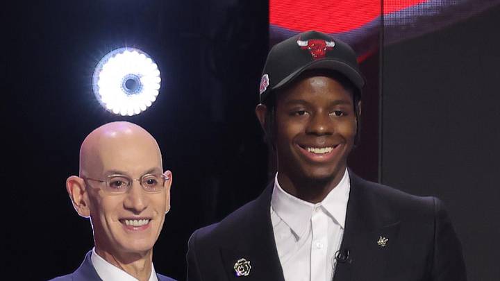 Jun 23, 2026; New York, NY, USA; NBA commissioner Adam Silver greets the fourth pick in the 2026 NBA draft, North Carolina forward Caleb Wilson after he was selected by the Chicago Bulls at Barclays Center. Mandatory Credit: Brad Penner-Imagn Images