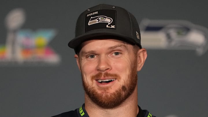 Seattle Seahawks quarterback Sam Darnold talks to media members at the San Jose Marriott.