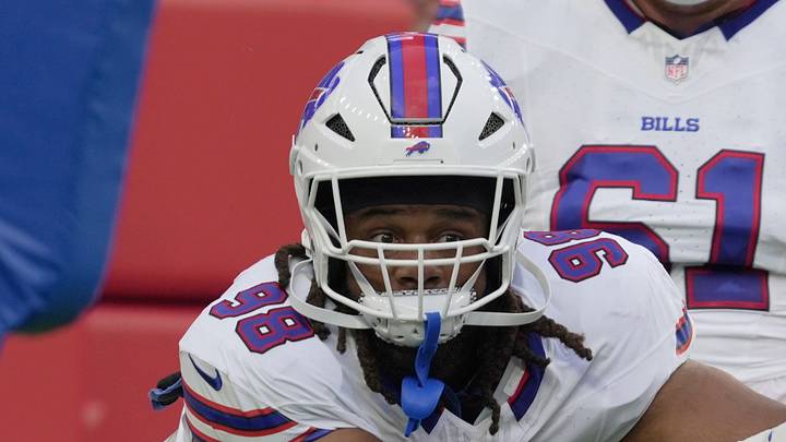 Bills T.J. Sanders gets ready to run a drill during the Return of the Blue and Red practice at Highmark Stadium in Orchard Park on Aug. 8, 2026. Bills T.J. Sanders gets ready to run a drill during the Return of the Blue and Red practice at Highmark Stadium in Orchard Park on Aug. 8, 2026.