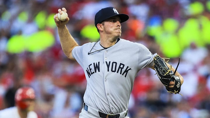 Jun 23, 2025; Cincinnati, Ohio, USA; New York Yankees starting pitcher Allan Winans (62) pitches against the Cincinnati Reds in the fifth inning at Great American Ball Park. Mandatory Credit: Katie Stratman-Imagn Images Jun 23, 2025; Cincinnati, Ohio, USA; New York Yankees starting pitcher Allan Winans (62) pitches against the Cincinnati Reds in the fifth inning at Great American Ball Park. Mandatory Credit: Katie Stratman-Imagn Images