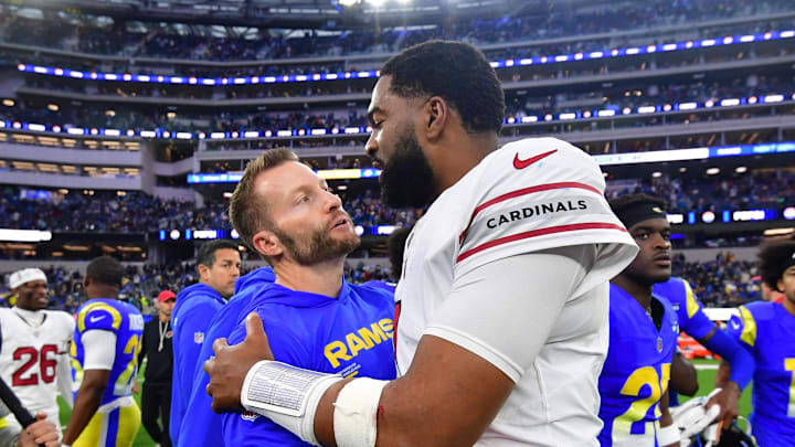 Jan 4, 2026; Inglewood, California, USA;  Los Angeles Rams head coach Sean McVay and Arizona Cardinals quarterback Jacoby Brissett (7)  talk following a game at SoFi Stadium. Mandatory Credit: Gary A. Vasquez-Imagn Images