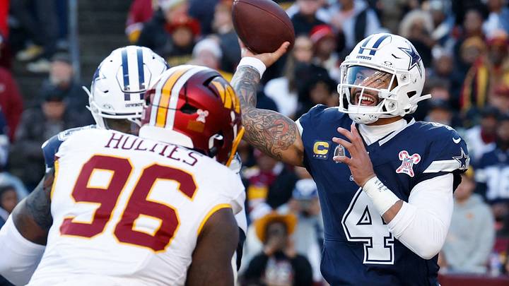 Dallas Cowboys quarterback Dak Prescott passes the ball against the Washington Commanders at Northwest Stadium. Dallas Cowboys quarterback Dak Prescott passes the ball against the Washington Commanders at Northwest Stadium.