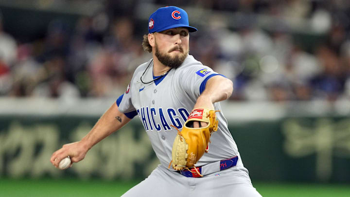 Mar 19, 2025; Bunkyo, Tokyo, JPN; Chicago Cubs pitcher Porter Hodge (37) throws a pitch against the Los Angeles Dodgers during the eighth inning during the Tokyo Series at Tokyo Dome.