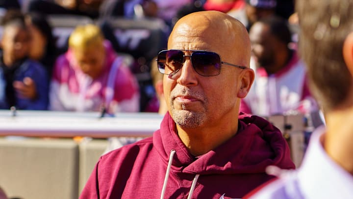 Nov 22, 2025; Blacksburg, Virginia, USA; Virginia Tech Hokies head coach James Franklin on the sidelines before the start of the game against the Miami (FL) Hurricanes at Lane Stadium. Mandatory Credit: Neville E. Guard-Imagn Images