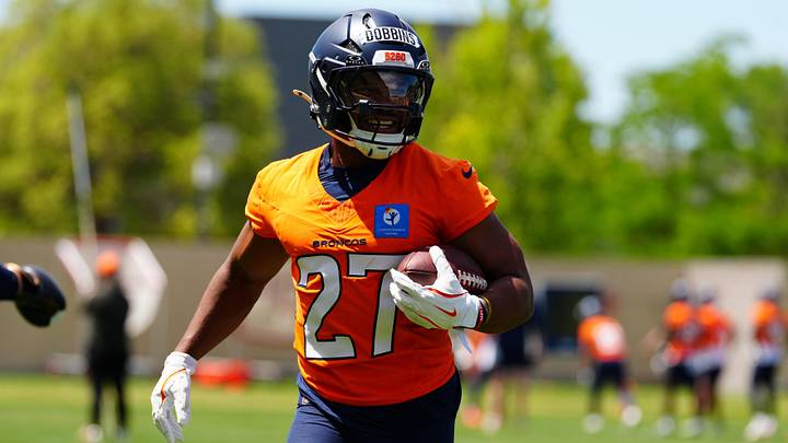 Jun 16, 2026; Englewood, CO, USA; Denver Broncos running back J.K. Dobbins (27) during mini camp at Broncos Park. Jun 16, 2026; Englewood, CO, USA; Denver Broncos running back J.K. Dobbins (27) during mini camp at Broncos Park.