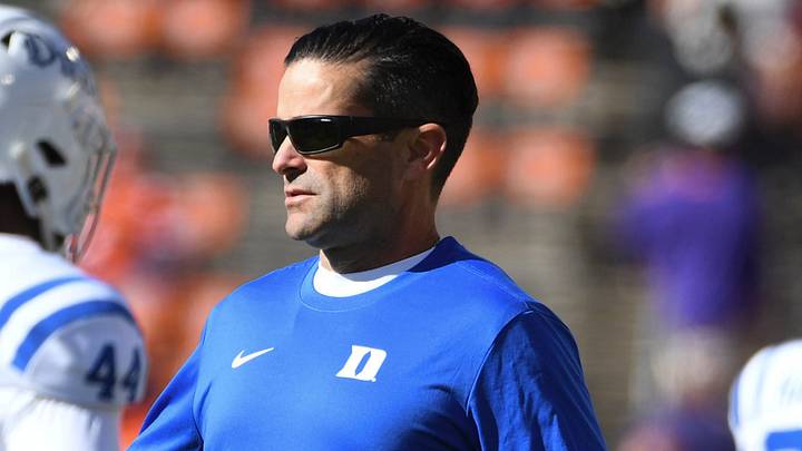 Duke Blue Devils head coach Manny Diaz high-fives players Saturday, Nov. 1, 2025, during the NCAA football game against the Clemson Tigers at Memorial Stadium in Clemson, South Carolina.
