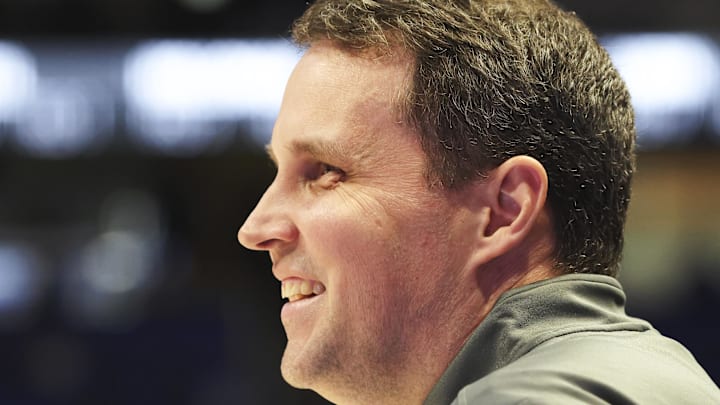 Jan 24, 2026; Pittsburgh, Pennsylvania, USA;  NC State Wolfpack head coach Will Wade reacts on the court against the Pittsburgh Panthers during the second half at the Petersen Events Center. Mandatory Credit: Charles LeClaire-Imagn Images