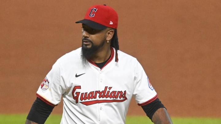 Apr 12, 2025; Cleveland, Ohio, USA; Cleveland Guardians relief pitcher Emmanuel Clase (48) reacts after giving up a hit in the ninth inning against the Kansas City Royals at Progressive Field. 