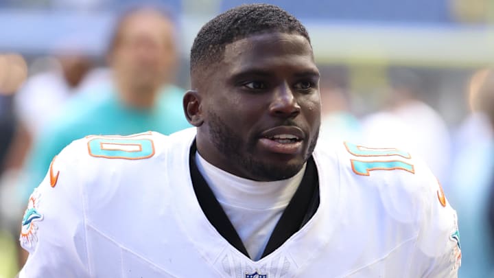 Sep 7, 2025; Indianapolis, Indiana, USA; Miami Dolphins wide receiver Tyreek Hill (10) leaves the field after losing to the Indianapolis Colts at Lucas Oil Stadium. Mandatory Credit: Trevor Ruszkowski-Imagn Images
