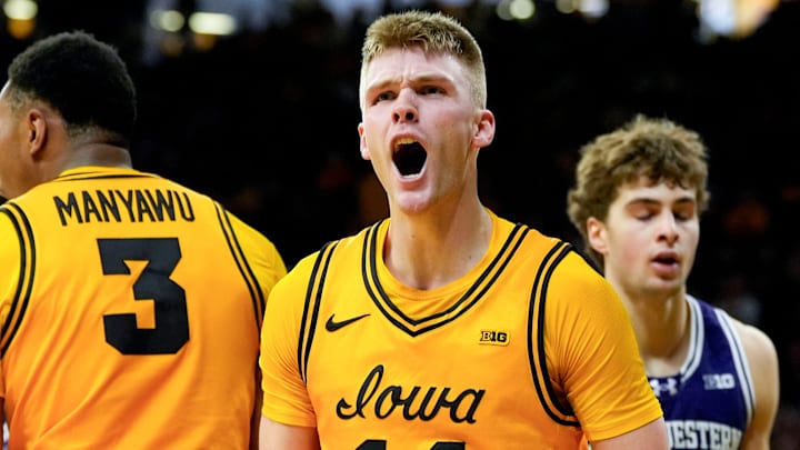 Iowa guard Bennett Stirtz (14) reacts during a basketball game against the Northwestern Wildcats Feb. 8, 2026 at Carver-Hawkeye Arena in Iowa City, Iowa. Iowa guard Bennett Stirtz (14) reacts during a basketball game against the Northwestern Wildcats Feb. 8, 2026 at Carver-Hawkeye Arena in Iowa City, Iowa.