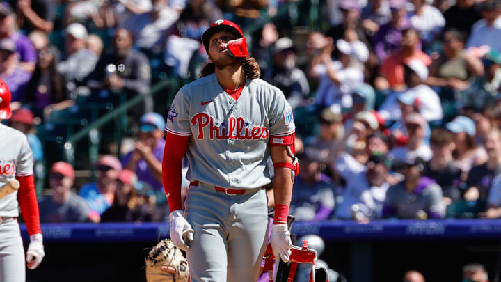 Apr 5, 2026; Denver, Colorado, USA; Philadelphia Phillies third baseman Alec Bohm (28) reacts to an ABS call in the fourth inning against the Colorado Rockies at Coors Field. Apr 5, 2026; Denver, Colorado, USA; Philadelphia Phillies third baseman Alec Bohm (28) reacts to an ABS call in the fourth inning against the Colorado Rockies at Coors Field.