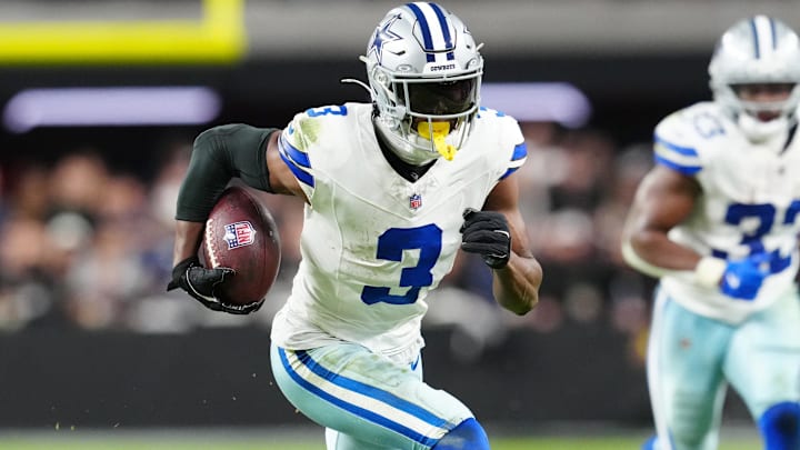 Dallas Cowboys wide receiver George Pickens runs to score a touchdown during the first half against the Las Vegas Raiders. Dallas Cowboys wide receiver George Pickens runs to score a touchdown during the first half against the Las Vegas Raiders.