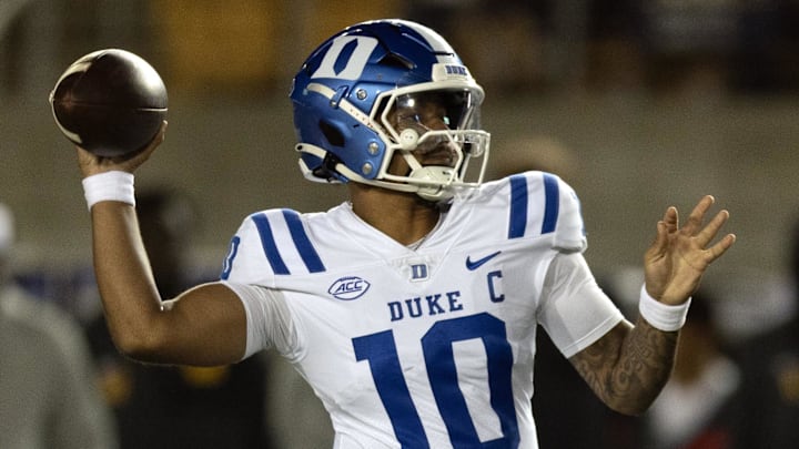 Oct 4, 2025; Berkeley, California, USA; Duke Blue Devils quarterback Darian Mensah (10) throws a pass against the California Golden Bears during the second quarter at California Memorial Stadium. Mandatory Credit: D. Ross Cameron-Imagn Images