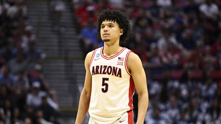 Mar 20, 2026; San Diego, CA, USA; Arizona Wildcats guard Brayden Burries (5) looks on in the second half against the LIU Sharks during a first round game of the men's 2026 NCAA Tournament at Viejas Arena. Mar 20, 2026; San Diego, CA, USA; Arizona Wildcats guard Brayden Burries (5) looks on in the second half against the LIU Sharks during a first round game of the men's 2026 NCAA Tournament at Viejas Arena.
