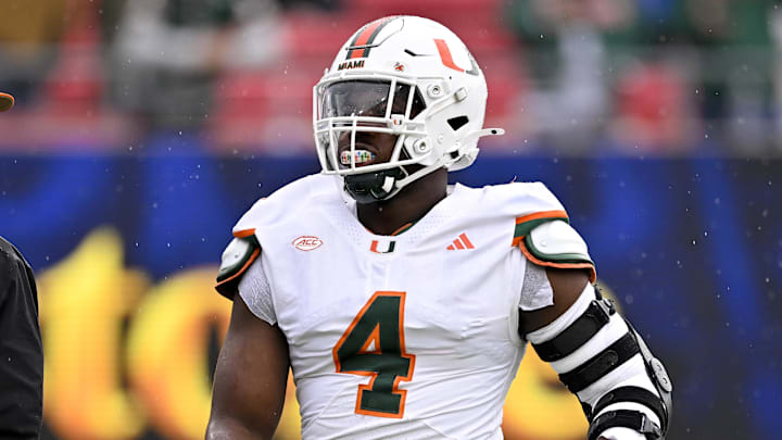 Nov 1, 2025; Dallas, Texas, USA; SMU Miami Hurricanes defensive lineman Rueben Bain Jr. (4) warms up before the game against the SMU Mustangs at Gerald J. Ford Stadium. Mandatory Credit: Jerome Miron-Imagn Images Nov 1, 2025; Dallas, Texas, USA; SMU Miami Hurricanes defensive lineman Rueben Bain Jr. (4) warms up before the game against the SMU Mustangs at Gerald J. Ford Stadium. Mandatory Credit: Jerome Miron-Imagn Images