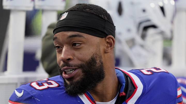 Buffalo Bills cornerback Dane Jackson chats with a teammate on the bench during first half action against the Kansas City Chiefs at Highmark Stadium in Orchard Park on Nov. 2, 2025. Buffalo Bills cornerback Dane Jackson chats with a teammate on the bench during first half action against the Kansas City Chiefs at Highmark Stadium in Orchard Park on Nov. 2, 2025.