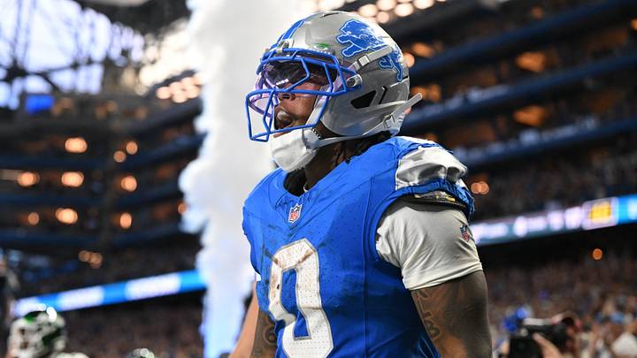 Sep 27, 2026; Detroit, Michigan, USA;  Detroit Lions running back Jahmyr Gibbs (0) celebrates after he runs for a touchdown against the New York Jets during the third quarter at Ford Field.  Mandatory Credit: Lon Horwedel-Imagn Images