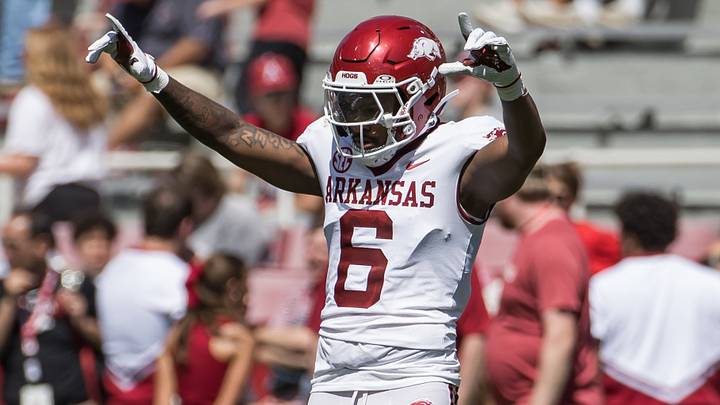 Arkansas Razorbacks defensive back Khmori House (6) celebrates after breaking up a pass play during the spring game at Razorback Stadium. Arkansas Razorbacks defensive back Khmori House (6) celebrates after breaking up a pass play during the spring game at Razorback Stadium.