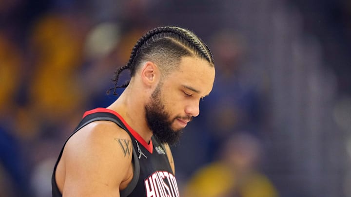 Apr 26, 2025; San Francisco, California, USA; Houston Rockets forward Dillon Brooks (9) before game three of first round for the 2024 NBA Playoffs against the Golden State Warriors at Chase Center. Mandatory Credit: Darren Yamashita-Imagn Images