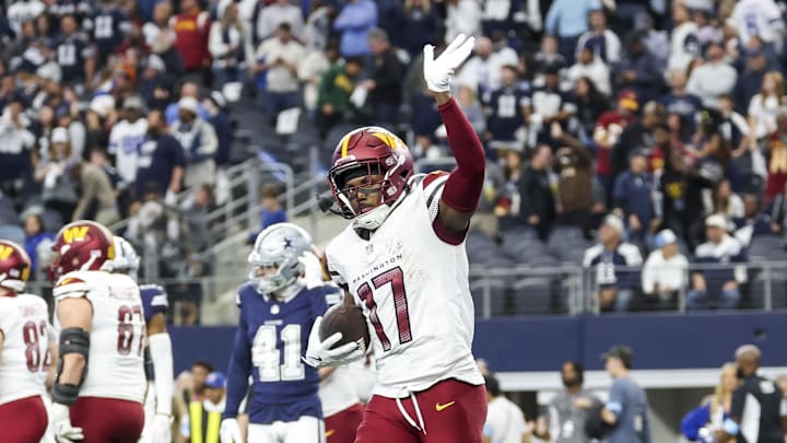Jan 5, 2025; Arlington, Texas, USA; Washington Commanders wide receiver Terry McLaurin (17) celebrates after scoring the game-winning touchdown during the fourth quarter against the Dallas Cowboys at AT&T Stadium. Mandatory Credit: Kevin Jairaj-Imagn Images Jan 5, 2025; Arlington, Texas, USA; Washington Commanders wide receiver Terry McLaurin (17) celebrates after scoring the game-winning touchdown during the fourth quarter against the Dallas Cowboys at AT&T Stadium. Mandatory Credit: Kevin Jairaj-Imagn Images