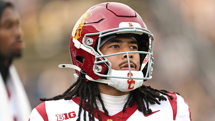 Sep 13, 2025; West Lafayette, Indiana, USA; Southern California Trojans wide receiver Makai Lemon (6) warms up before the game against the Purdue Boilermakers at Ross-Ade Stadium. Mandatory Credit: Marc Lebryk-Imagn Images
