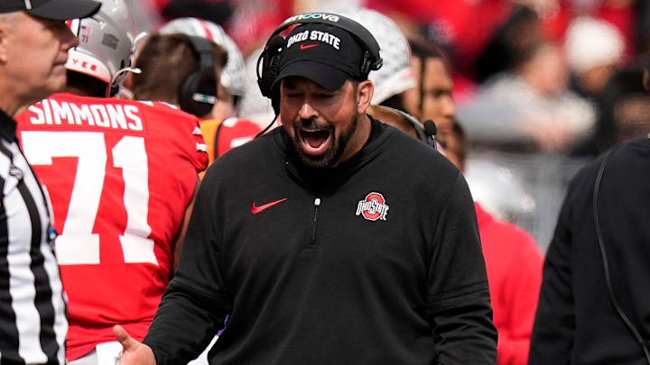 Oct 21, 2023; Columbus, Ohio, USA; Ohio State Buckeyes head coach Ryan Day reacts during the first half of the NCAA football game against the Penn State Nittany Lions at Ohio Stadium.