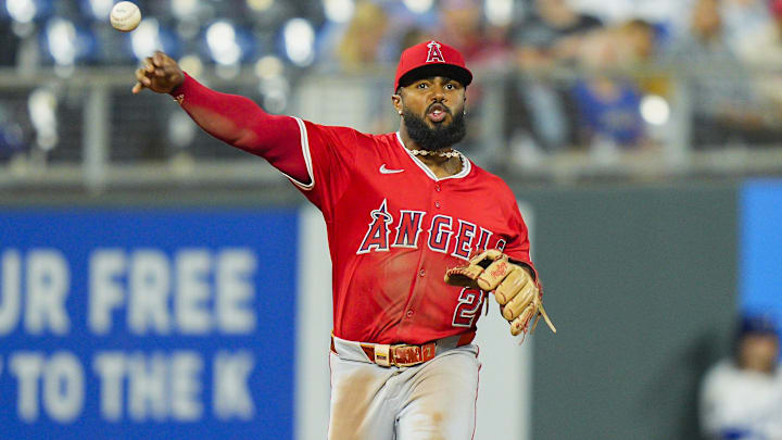 Sep 4, 2025; Kansas City, Missouri, USA; Los Angeles Angels third baseman Luis Rengifo (2) throws to first base during the sixth inning against the Kansas City Royals at Kauffman Stadium. Mandatory Credit: Jay Biggerstaff-Imagn Images