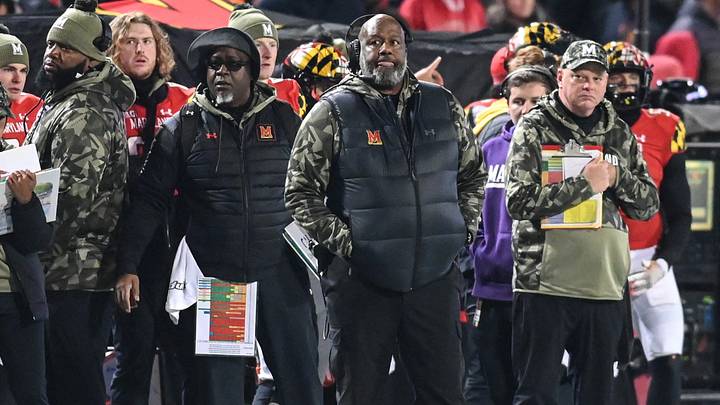 Nov 19, 2022; College Park, Maryland, USA;  Maryland Terrapins head coach Mike Locksley looks onto the field during the second half against the Ohio State Buckeyes at SECU Stadium. Mandatory Credit: Tommy Gilligan-USA TODAY Sports