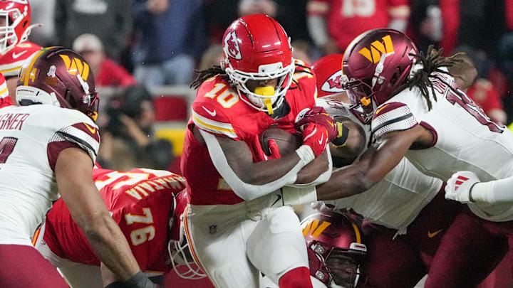 Oct 27, 2025; Kansas City, Missouri, USA; Kansas City Chiefs running back Isiah Pacheco (10) carries the ball against the Washington Commanders during the second quarter of the game at GEHA Field at Arrowhead Stadium. Mandatory Credit: Denny Medley-Imagn Images Oct 27, 2025; Kansas City, Missouri, USA; Kansas City Chiefs running back Isiah Pacheco (10) carries the ball against the Washington Commanders during the second quarter of the game at GEHA Field at Arrowhead Stadium. Mandatory Credit: Denny Medley-Imagn Images