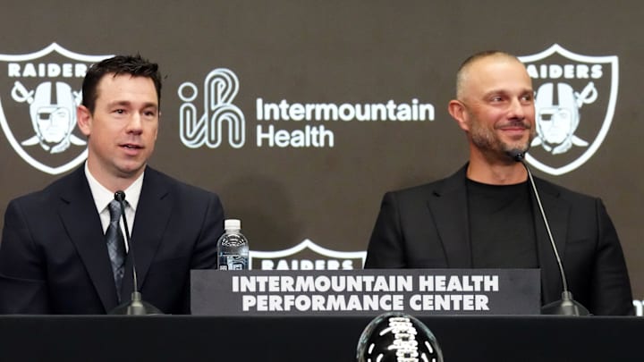 Feb 10, 2026; Henderson, NV, USA; Las Vegas Raiders coach Klint Kubiak (left) and general manager John Spytek at introductory press conference at Intermountain Health Performance Center. Mandatory Credit: Kirby Lee-Imagn Images