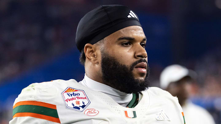 Jan 8, 2026; Glendale, AZ, USA; Miami Hurricanes defensive lineman Akheem Mesidor (3) against the Mississippi Rebels during the 2026 Fiesta Bowl and semifinal game of the College Football Playoff at State Farm Stadium. Mandatory Credit: Mark J. Rebilas-Imagn Images
