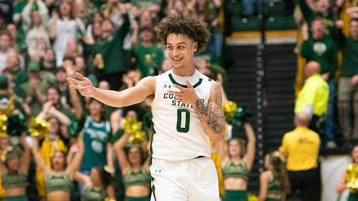 Colorado State's Kyan Evans celebrates a shot during a men's basketball game against Wyoming at Moby Arena on Saturday, February 15, 2025 in Fort Collins, Colo. Colorado State's Kyan Evans celebrates a shot during a men's basketball game against Wyoming at Moby Arena on Saturday, February 15, 2025 in Fort Collins, Colo.