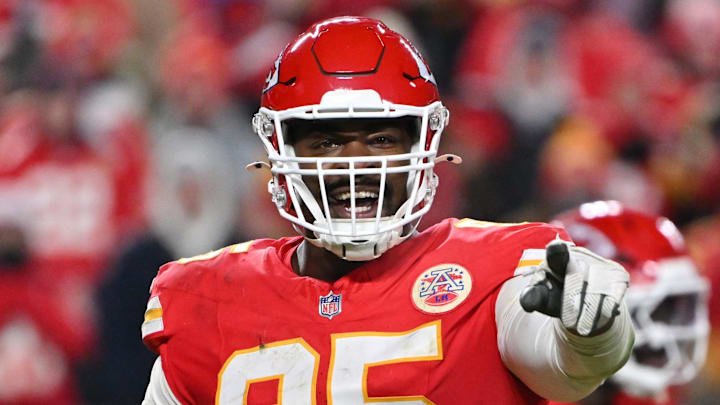 Dec 7, 2025; Kansas City, Missouri, USA; Kansas City Chiefs defensive tackle Chris Jones (95) celebrates after a play during the third quarter against the Houston Texans at GEHA Field at Arrowhead Stadium. Mandatory Credit: Amy Kontras-Imagn Images