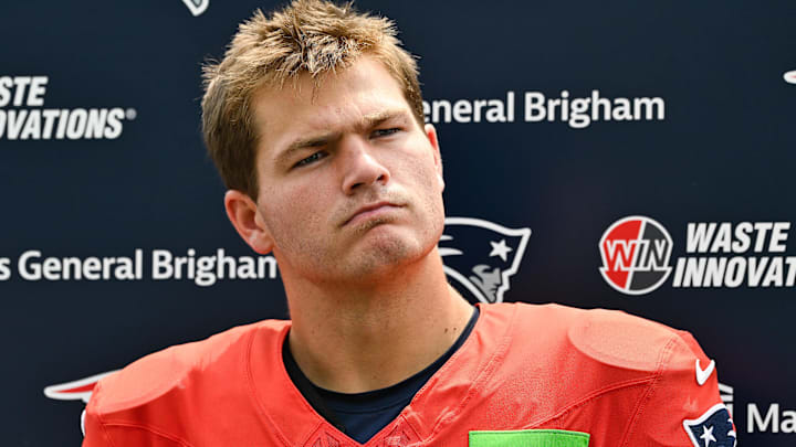 New England Patriots quarterback Drake Maye (10) speaks to the media after training camp at Gillette Stadium.