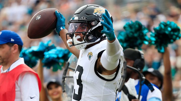 Jacksonville Jaguars wide receiver Christian Kirk (13) reacts to what he thought is a touchdown but ruled an incomplete pass during the fourth quarter of an NFL football matchup Sunday, Sept. 15, 2024 at EverBank Stadium in Jacksonville, Fla. The Browns defeated the Jaguars 18-13. [Corey Perrine/Florida Times-Union]