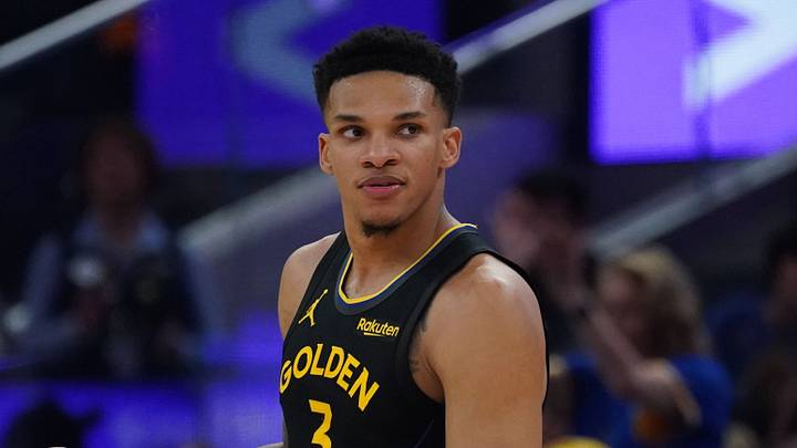 Feb 22, 2026; San Francisco, California, USA;  Golden State Warriors guard Will Richard (3) waits for play to resume in the second quarter against the Denver Nuggets at Chase Center. Mandatory Credit: David Gonzales-Imagn Images