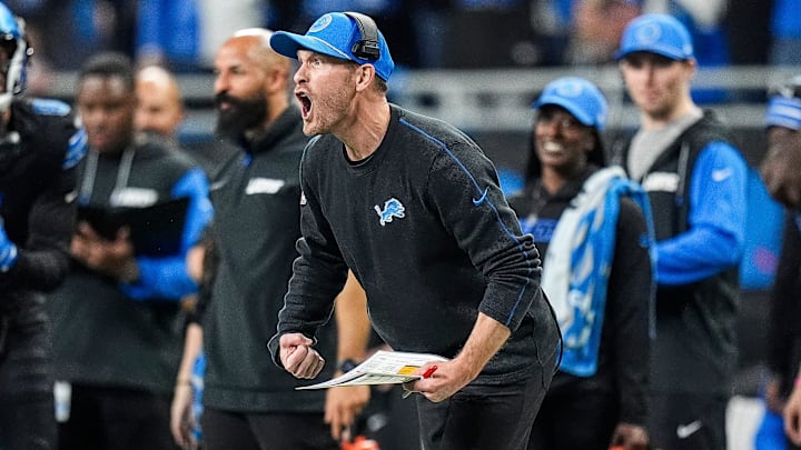 Detroit Lions offensive coordinator Ben Johnson celebrates a play against Minnesota Vikings during the second half at Ford Field in Detroit on Sunday, Jan. 5, 2025.