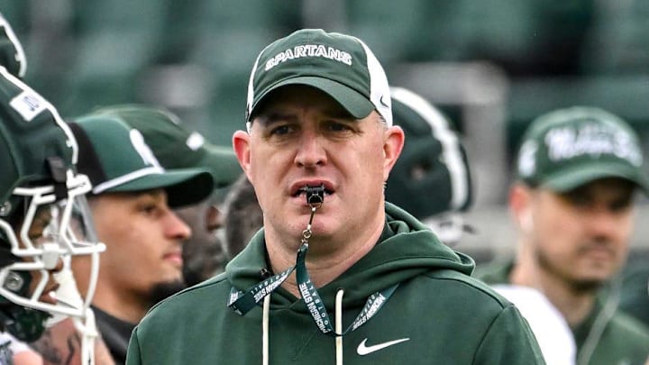 Michigan State's head coach Pat Fitzgerald looks on during the football Spring Showcase on Saturday, April 18, 2026, at Spartan Stadium in East Lansing.