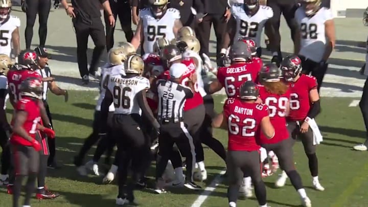 The Buccaneers and Saints scuffled after a hard hit on Baker Mayfield. The Buccaneers and Saints scuffled after a hard hit on Baker Mayfield.