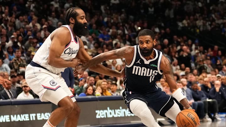 Dec 21, 2024; Dallas, Texas, USA; Dallas Mavericks guard Kyrie Irving (11) drives to the basket as LA Clippers guard James Harden (1) defends during the second half at American Airlines Center. Mandatory Credit: Chris Jones-Imagn Images Dec 21, 2024; Dallas, Texas, USA; Dallas Mavericks guard Kyrie Irving (11) drives to the basket as LA Clippers guard James Harden (1) defends during the second half at American Airlines Center. Mandatory Credit: Chris Jones-Imagn Images