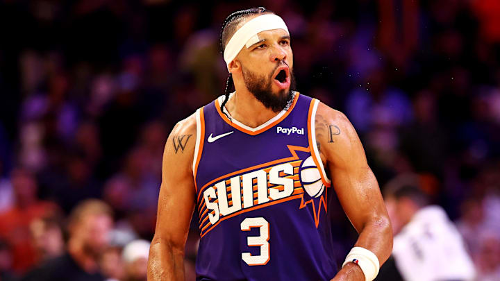 Oct 22, 2025; Phoenix, Arizona, USA; Phoenix Suns forward Dillon Brooks (3) reacts to a play during the second half against the Sacramento Kings at the Mortgage Matchup Center. Mandatory Credit: Mark J. Rebilas-Imagn Images