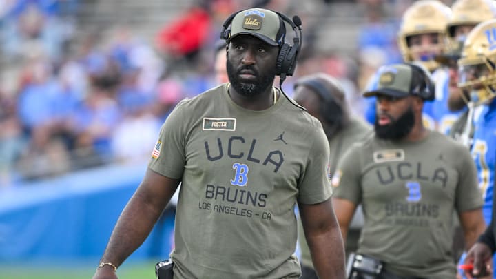 Nov 30, 2024; Pasadena, California, USA; UCLA Bruins head coach DeShaun Foster on the sidelines during the third quarter against the Fresno State Bulldogs at Rose Bowl. Mandatory Credit: Robert Hanashiro-Imagn Images