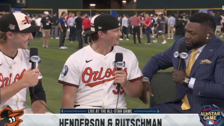 Gunnar Henderson and Adley Rutschman speak with David Ortiz before the 2024 MLB Home Run Derby Gunnar Henderson and Adley Rutschman speak with David Ortiz before the 2024 MLB Home Run Derby