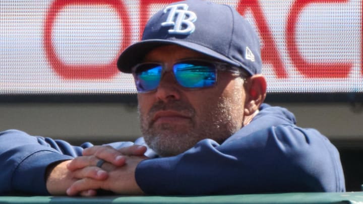 Aug 17, 2025; San Francisco, California, USA; Tampa Bay Rays manager Kevin Cash (16) looks on against the San Francisco Giants during the seventh inning at Oracle Park. Aug 17, 2025; San Francisco, California, USA; Tampa Bay Rays manager Kevin Cash (16) looks on against the San Francisco Giants during the seventh inning at Oracle Park.