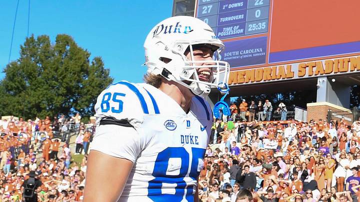 Nov 1, 2025; Clemson, South Carolina, USA; Duke Blue Devils tight end Jeremiah Hasley (85) celebrates after a two-point conversion during the NCAA football game against the Clemson Tigers  at Memorial Stadium. Mandatory Credit: Alex Martin-Imagn Images