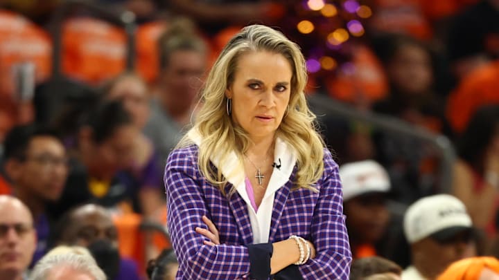 Oct 8, 2025; Phoenix, Arizona, USA; Las Vegas Aces head coach Becky Hammon against the Phoenix Mercury during game three of the 2025 WNBA Finals at PHX Arena. Mandatory Credit: Mark J. Rebilas-Imagn Images
