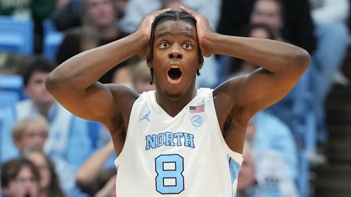 Jan 21, 2026; Chapel Hill, North Carolina, USA; North Carolina Tar Heels forward Caleb Wilson (8) reacts in the second half at Dean E. Smith Center. Mandatory Credit: Bob Donnan-Imagn Images Jan 21, 2026; Chapel Hill, North Carolina, USA; North Carolina Tar Heels forward Caleb Wilson (8) reacts in the second half at Dean E. Smith Center. Mandatory Credit: Bob Donnan-Imagn Images