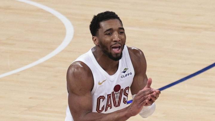 May 21, 2026; New York, New York, USA; Cleveland Cavaliers guard Donovan Mitchell (45) reacts after being called for a foul as New York Knicks forward Og Anunoby (8) looks on during the fourth quarter of game two of the eastern conference finals of the 2026 NBA playoffs at Madison Square Garden. Mandatory Credit: Vincent Carchietta-Imagn Images